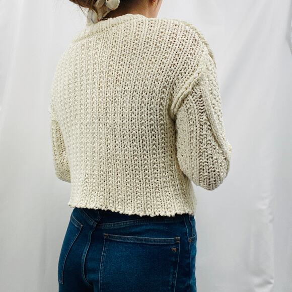 Free People XS ivory white cable knit distressed hem sweater - Picture 5 of 6
